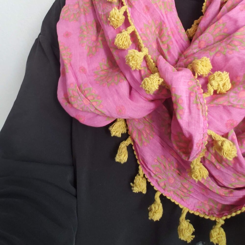 Natural Life Pink Yellow Tassels Scarf Shawl